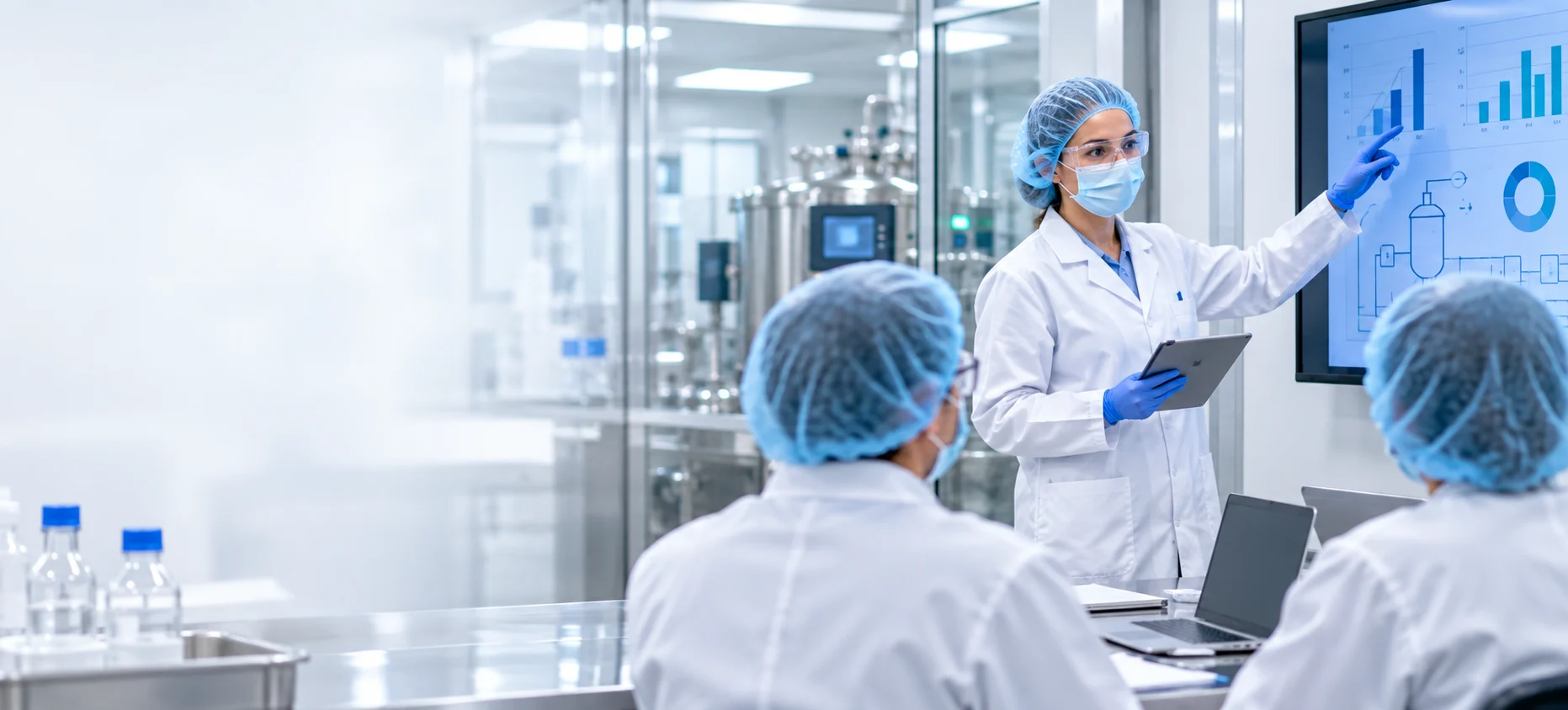 Equipo profesional en capacitación técnica dentro de un ambiente farmacéutico controlado