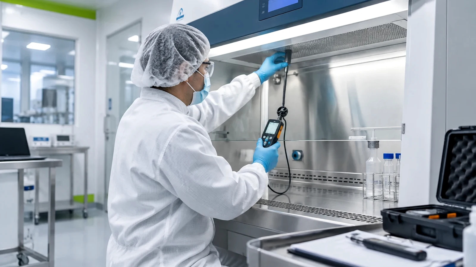 Profesional farmacéutica trabajando en un entorno de ingeniería y control farmacéutico