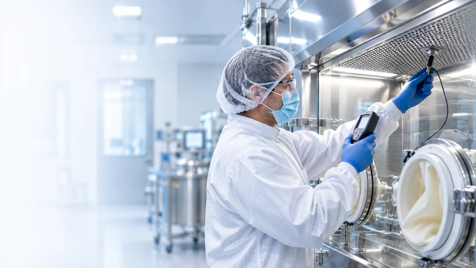 Técnico farmacéutico realizando mantenimiento y verificación de un sistema crítico en un ambiente controlado
