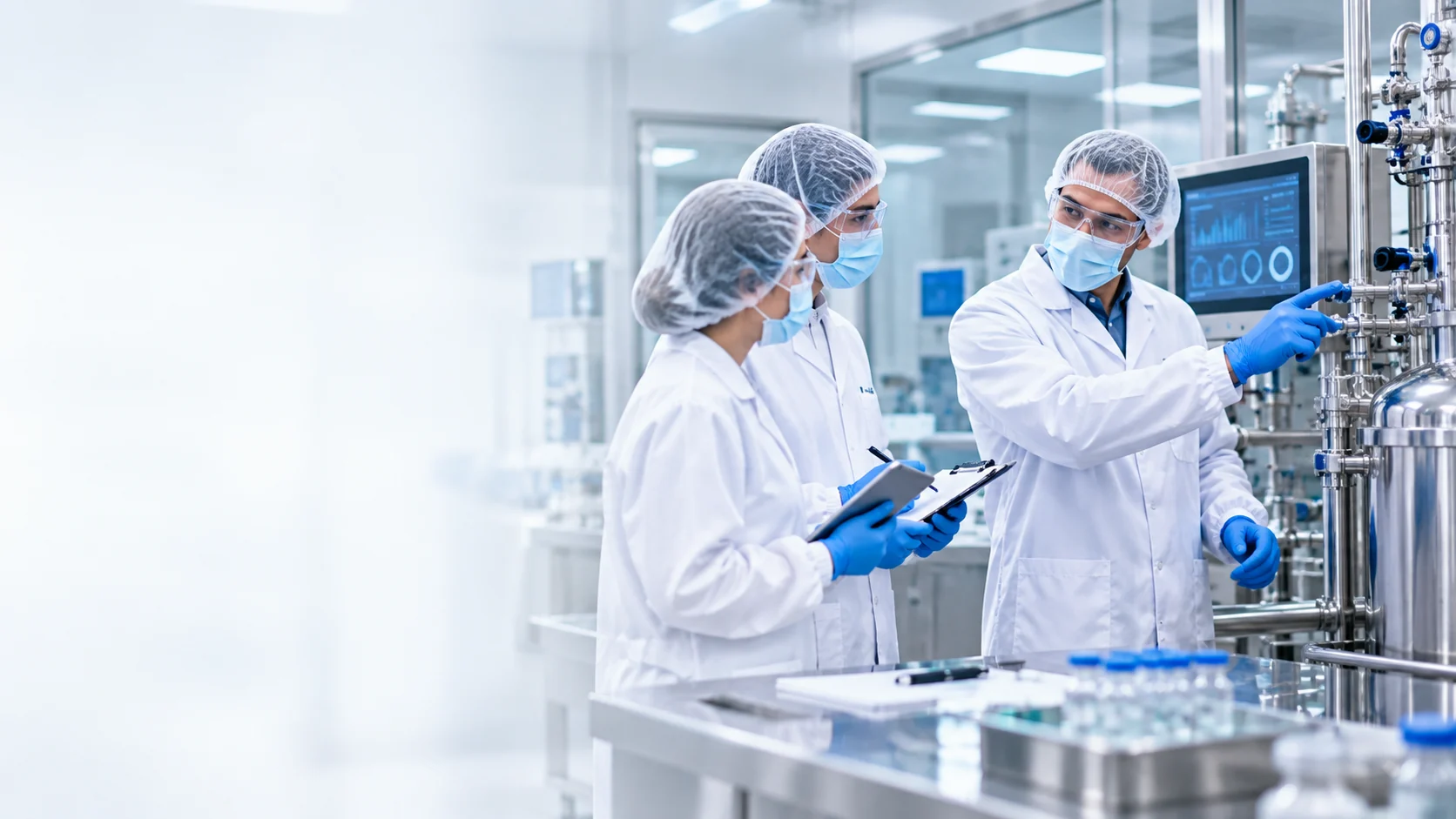 Equipo técnico farmacéutico trabajando en un ambiente controlado durante una ruta de diagnóstico, capacitación y acompañamiento